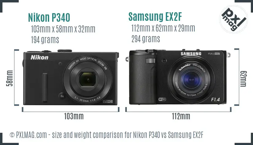 Nikon P340 vs Samsung EX2F size comparison