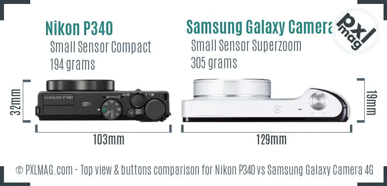 Nikon P340 vs Samsung Galaxy Camera 4G top view buttons comparison Nikon P340 vs Samsung Galaxy Camera 4G top view buttons comparison
