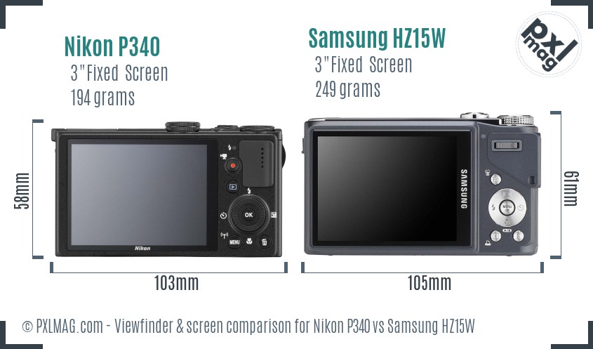 Nikon P340 vs Samsung HZ15W Screen and Viewfinder comparison