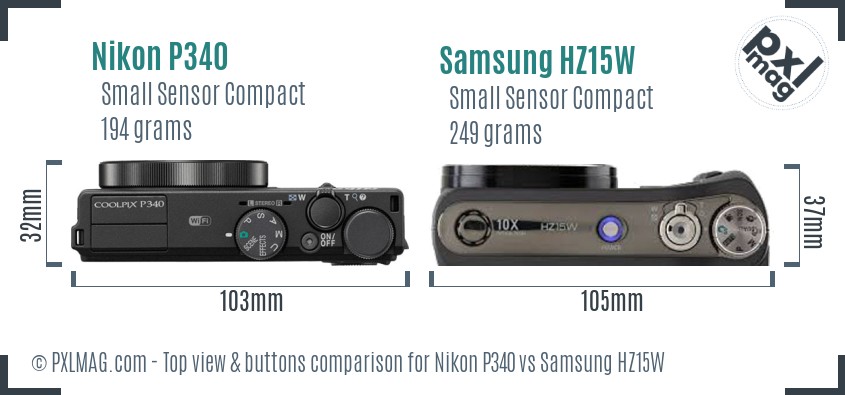 Nikon P340 vs Samsung HZ15W top view buttons comparison