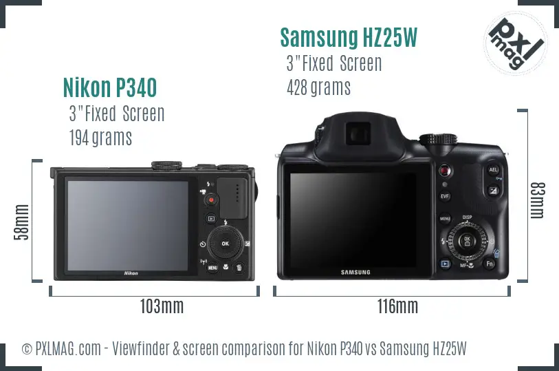 Nikon P340 vs Samsung HZ25W Screen and Viewfinder comparison