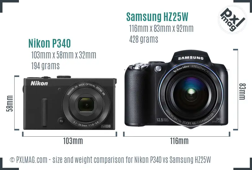 Nikon P340 vs Samsung HZ25W size comparison