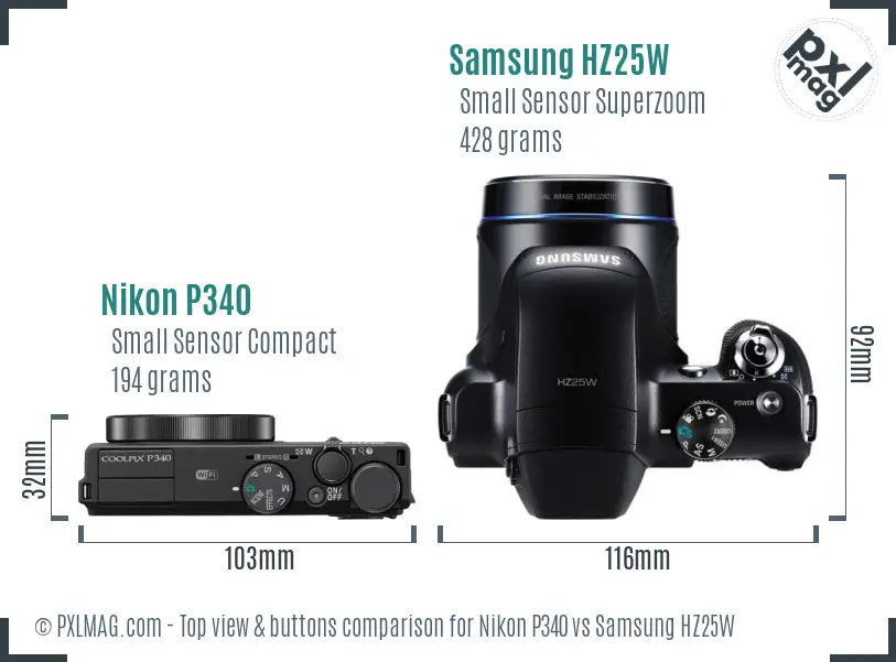 Nikon P340 vs Samsung HZ25W top view buttons comparison