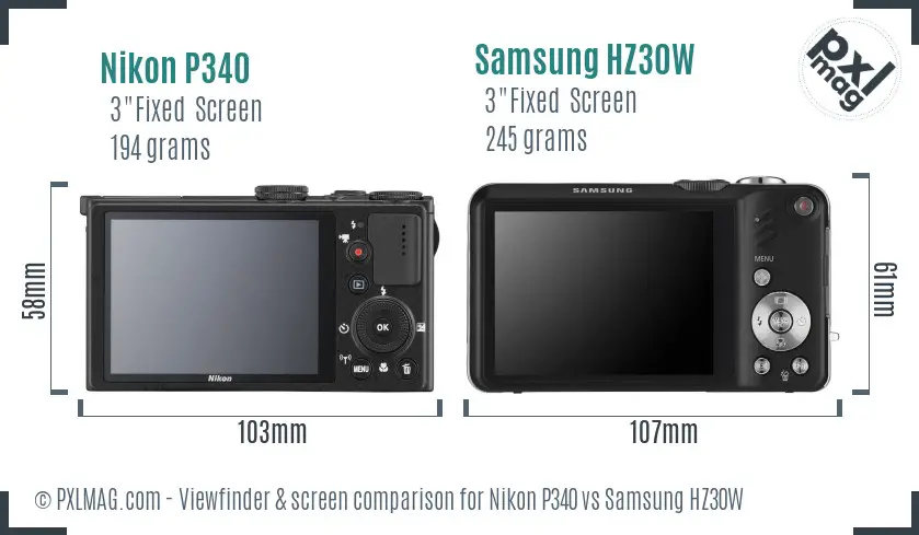 Nikon P340 vs Samsung HZ30W Screen and Viewfinder comparison