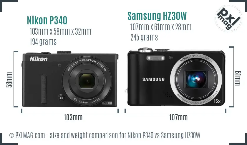 Nikon P340 vs Samsung HZ30W size comparison