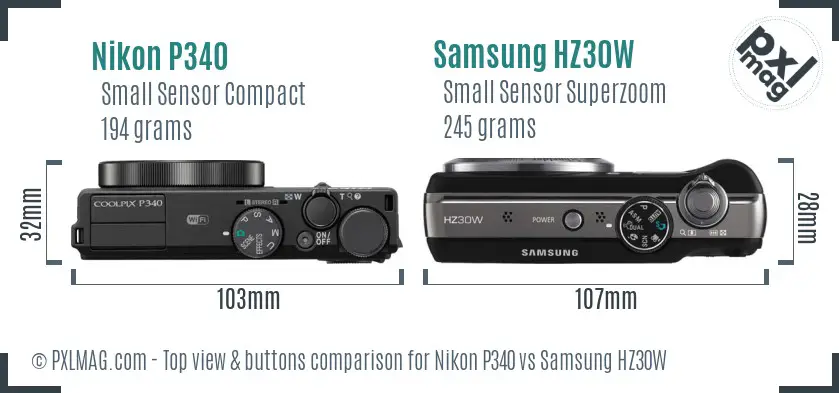 Nikon P340 vs Samsung HZ30W top view buttons comparison