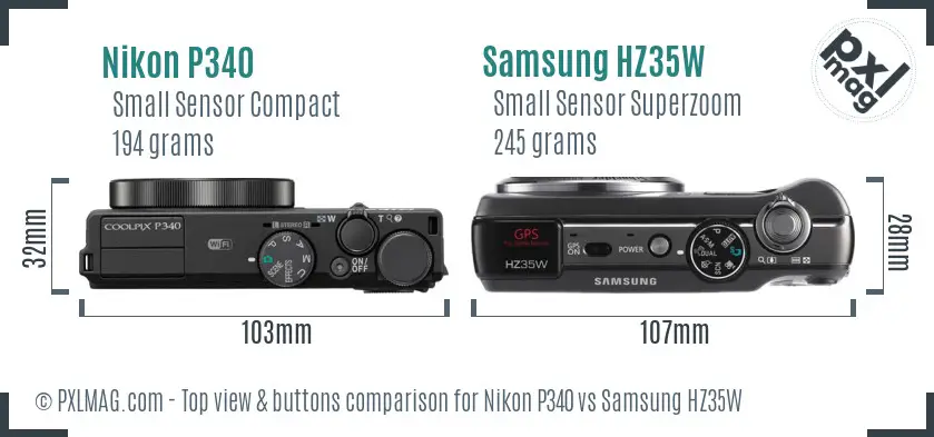 Nikon P340 vs Samsung HZ35W top view buttons comparison Nikon P340 vs Samsung HZ35W top view buttons comparison