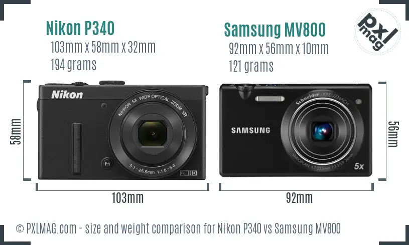 Nikon P340 vs Samsung MV800 size comparison