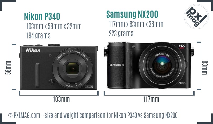 Nikon P340 vs Samsung NX200 size comparison