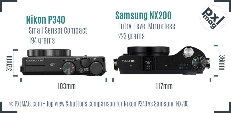 Nikon P340 vs Samsung NX200 top view buttons comparison
