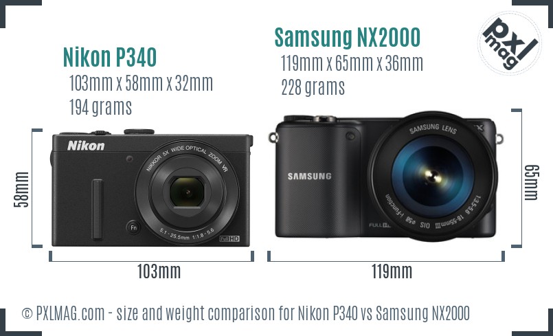 Nikon P340 vs Samsung NX2000 size comparison