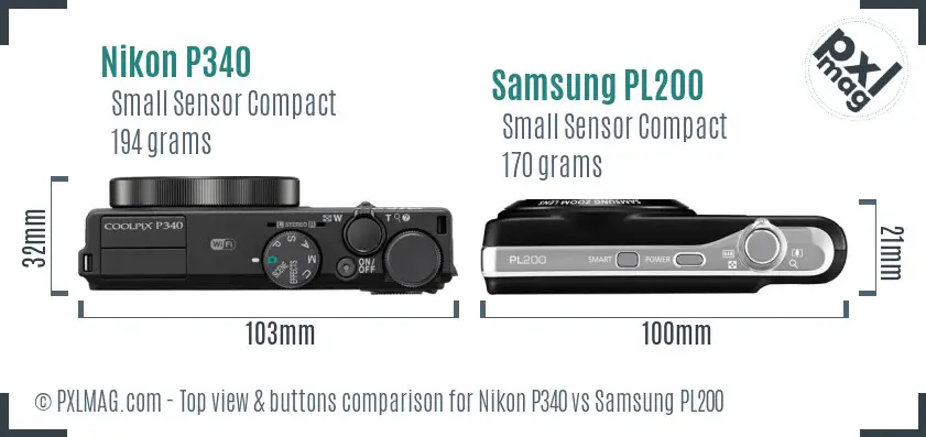 Nikon P340 vs Samsung PL200 top view buttons comparison