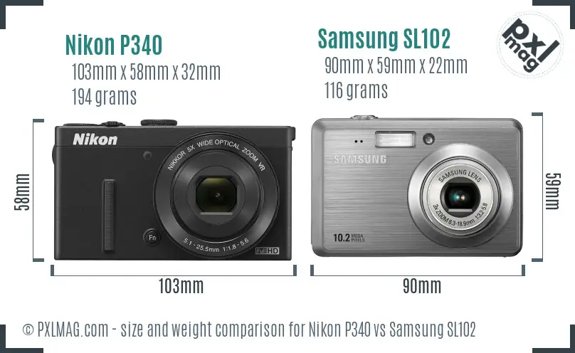 Nikon P340 vs Samsung SL102 size comparison