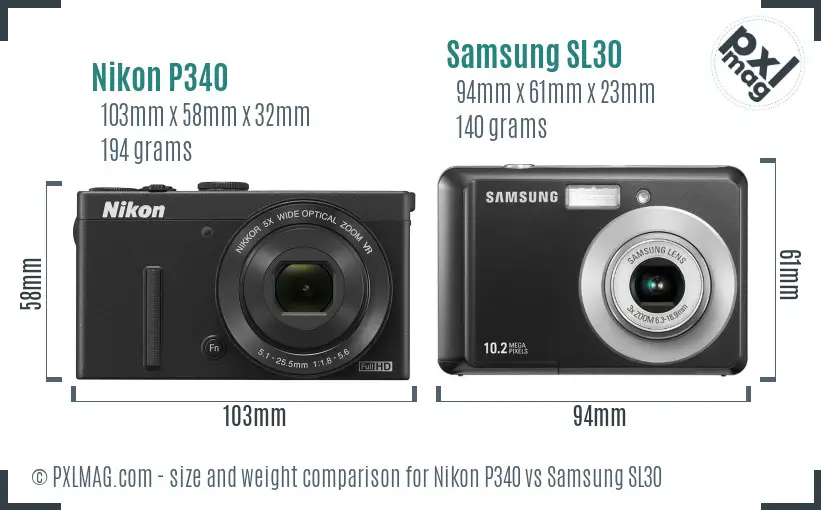Nikon P340 vs Samsung SL30 size comparison