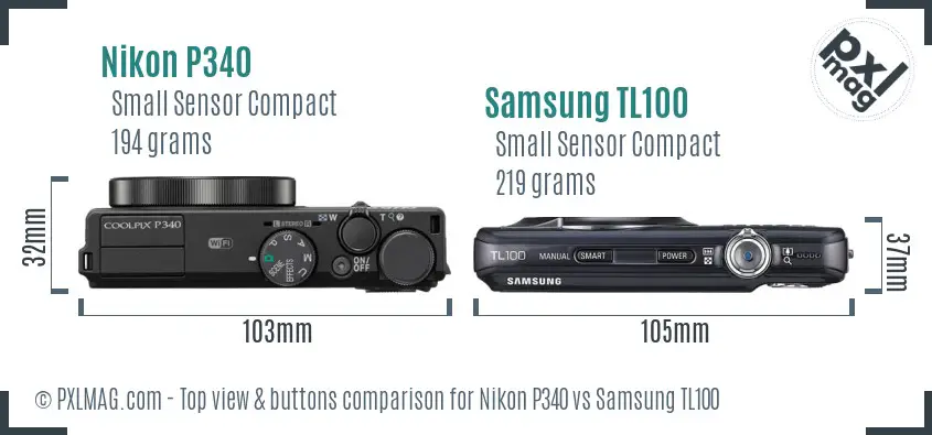 Nikon P340 vs Samsung TL100 top view buttons comparison Nikon P340 vs Samsung TL100 top view buttons comparison