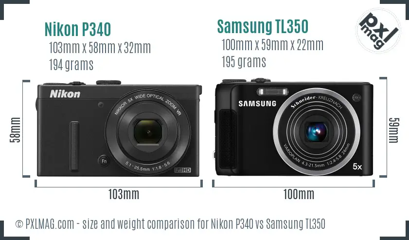 Nikon P340 vs Samsung TL350 size comparison