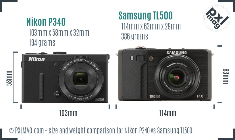 Nikon P340 vs Samsung TL500 size comparison