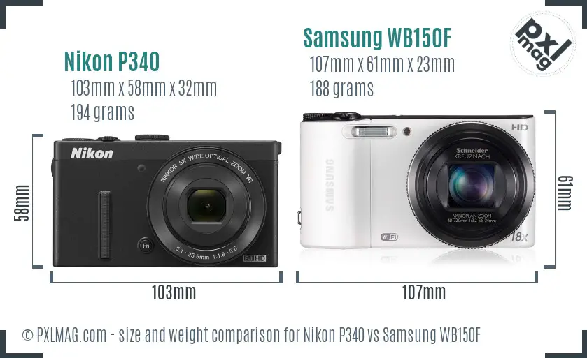 Nikon P340 vs Samsung WB150F size comparison