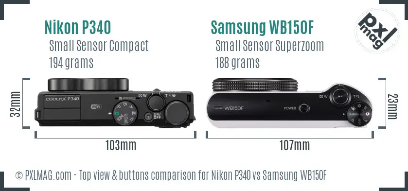 Nikon P340 vs Samsung WB150F top view buttons comparison