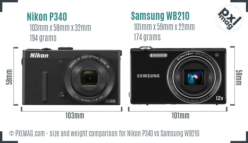 Nikon P340 vs Samsung WB210 size comparison