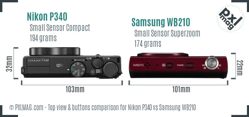 Nikon P340 vs Samsung WB210 top view buttons comparison