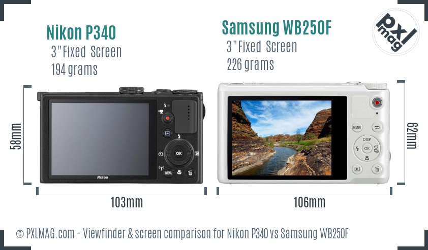 Nikon P340 vs Samsung WB250F Screen and Viewfinder comparison
