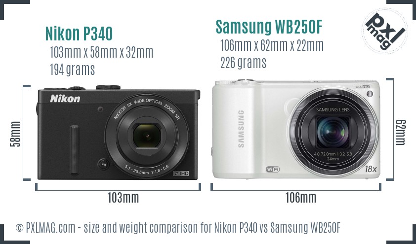 Nikon P340 vs Samsung WB250F size comparison