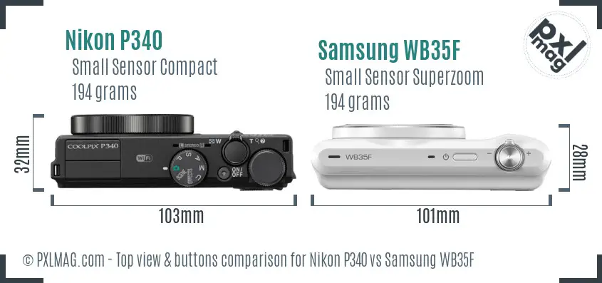 Nikon P340 vs Samsung WB35F top view buttons comparison Nikon P340 vs Samsung WB35F top view buttons comparison