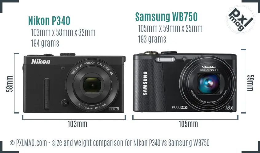 Nikon P340 vs Samsung WB750 size comparison