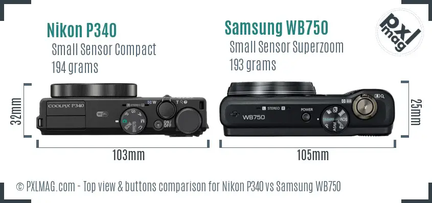 Nikon P340 vs Samsung WB750 top view buttons comparison