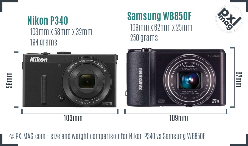 Nikon P340 vs Samsung WB850F size comparison