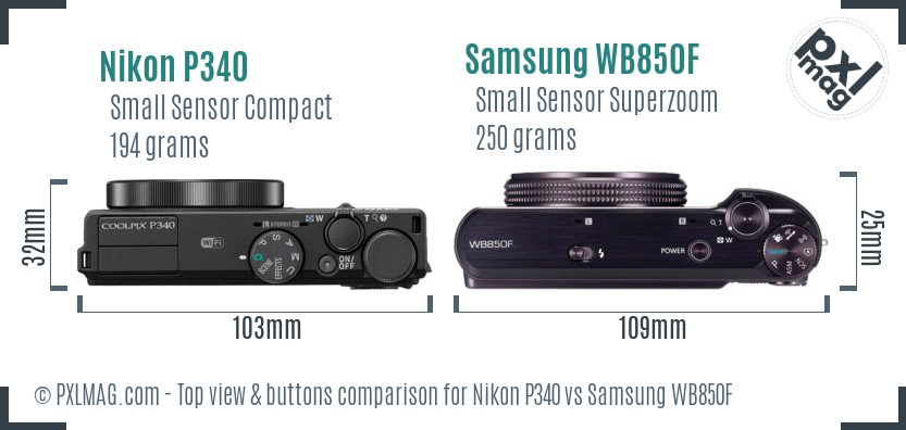Nikon P340 vs Samsung WB850F top view buttons comparison
