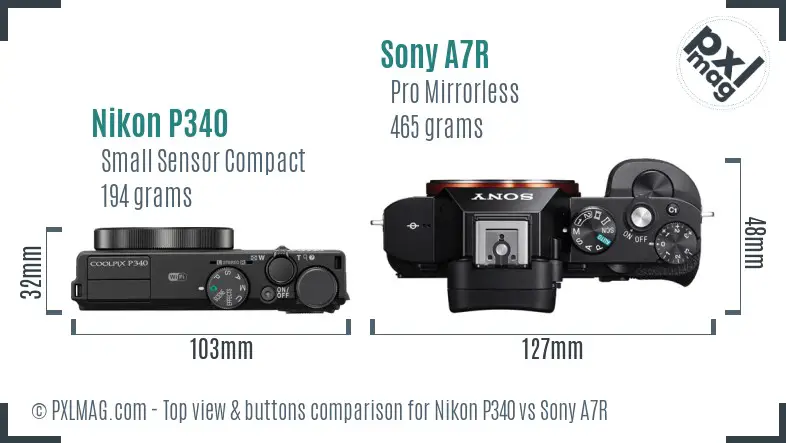 Nikon P340 vs Sony A7R top view buttons comparison