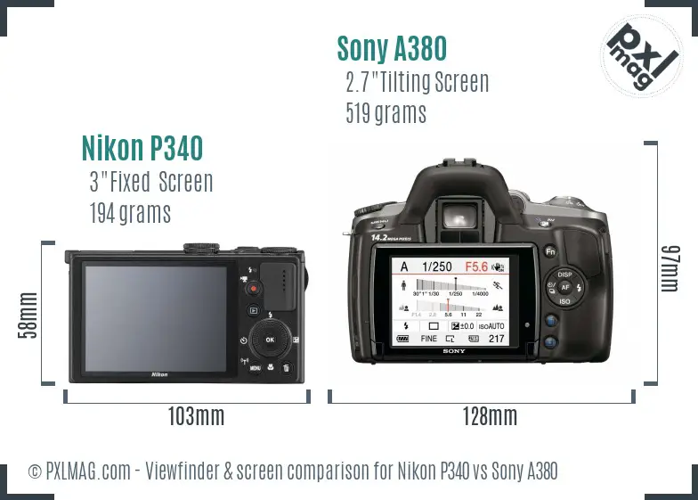 Nikon P340 vs Sony A380 Screen and Viewfinder comparison