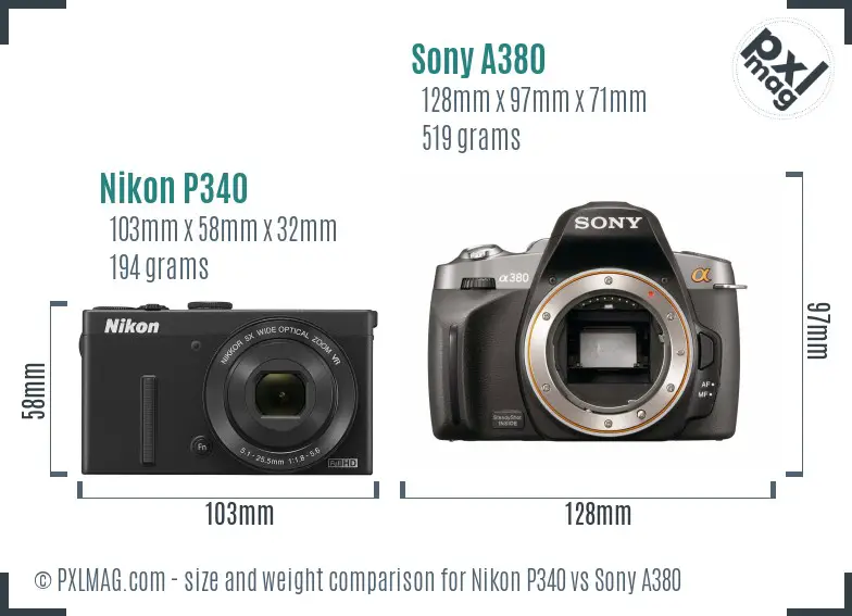 Nikon P340 vs Sony A380 size comparison