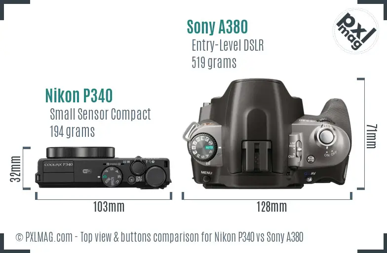Nikon P340 vs Sony A380 top view buttons comparison
