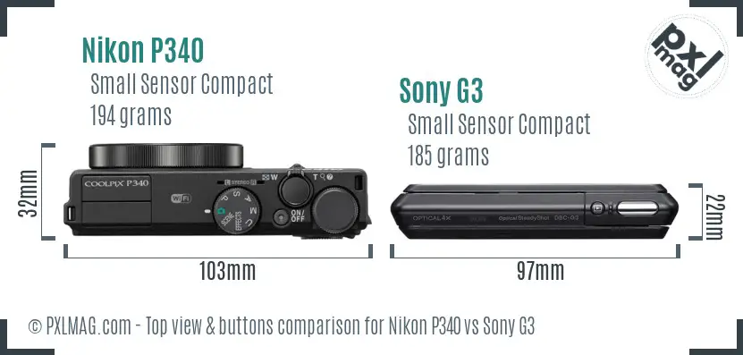 Nikon P340 vs Sony G3 top view buttons comparison Nikon P340 vs Sony G3 top view buttons comparison