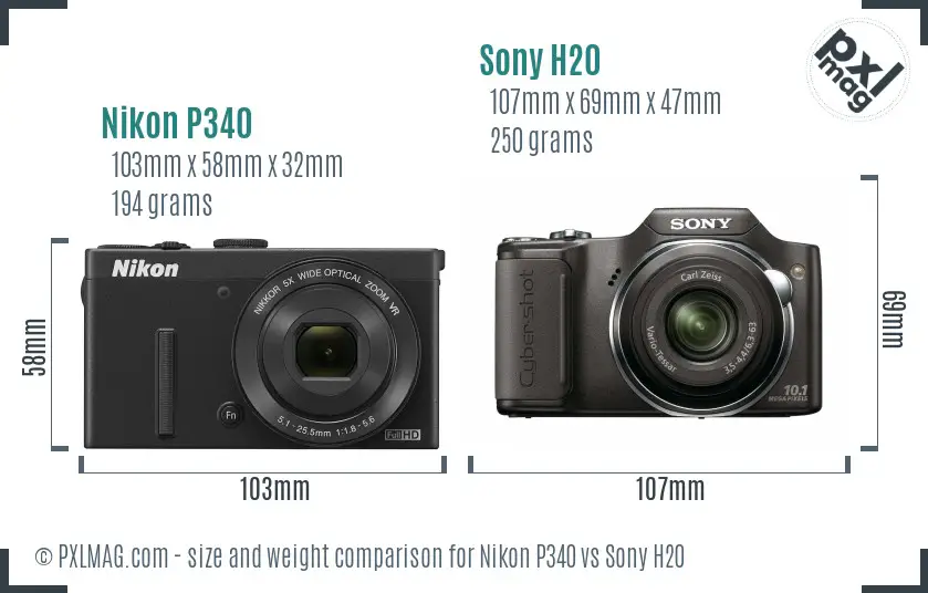 Nikon P340 vs Sony H20 size comparison