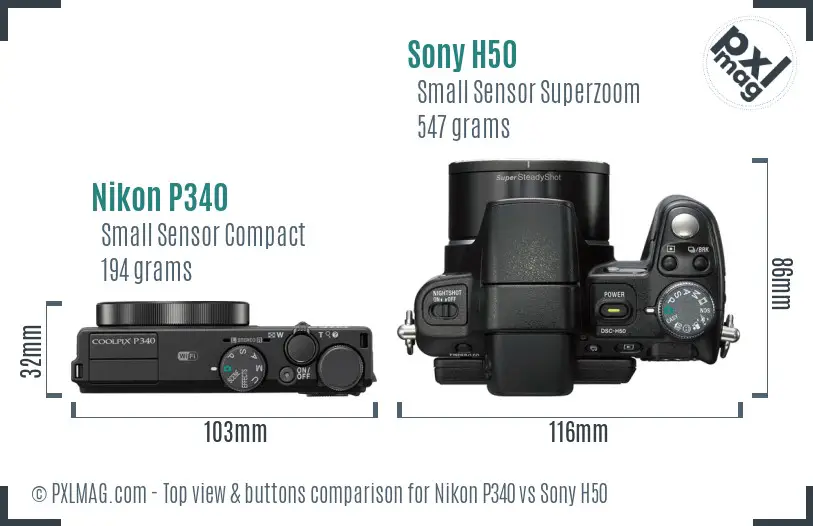Nikon P340 vs Sony H50 top view buttons comparison Nikon P340 vs Sony H50 top view buttons comparison