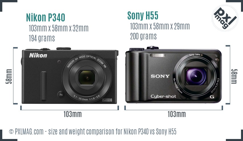 Nikon P340 vs Sony H55 size comparison
