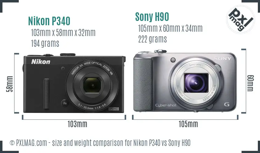 Nikon P340 vs Sony H90 size comparison