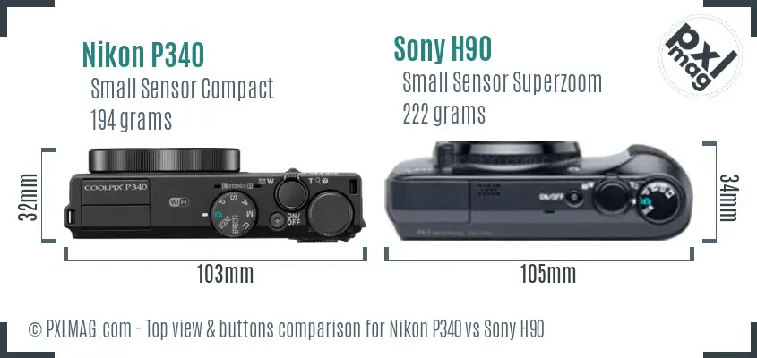 Nikon P340 vs Sony H90 top view buttons comparison