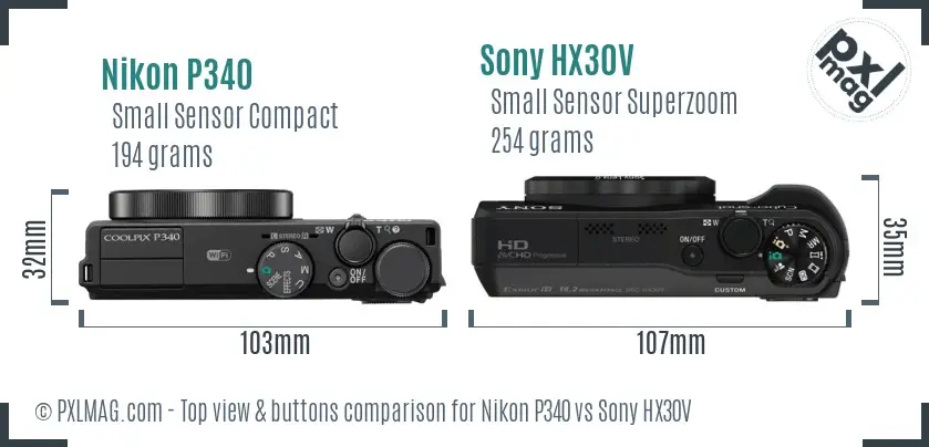 Nikon P340 vs Sony HX30V top view buttons comparison Nikon P340 vs Sony HX30V top view buttons comparison