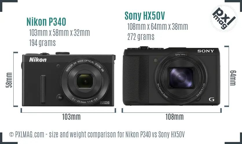 Nikon P340 vs Sony HX50V size comparison