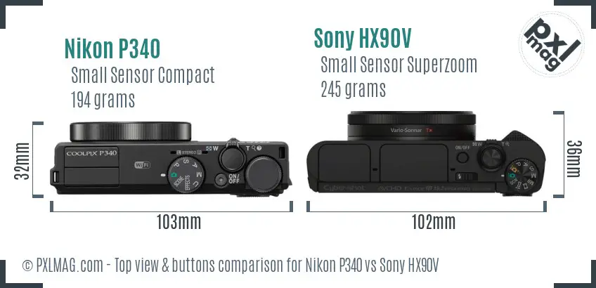 Nikon P340 vs Sony HX90V top view buttons comparison Nikon P340 vs Sony HX90V top view buttons comparison
