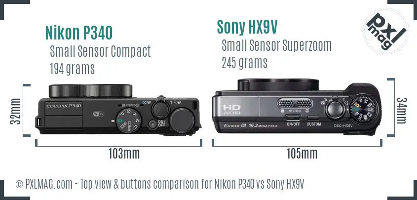 Nikon P340 vs Sony HX9V top view buttons comparison Nikon P340 vs Sony HX9V top view buttons comparison