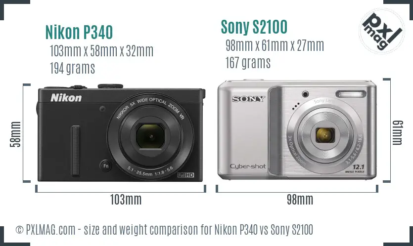 Nikon P340 vs Sony S2100 size comparison