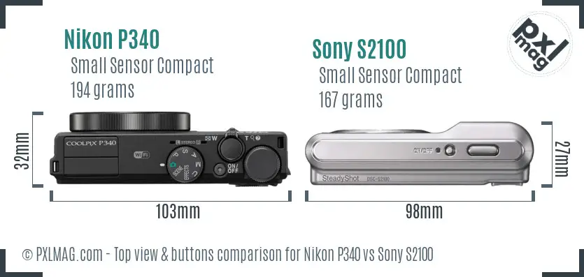 Nikon P340 vs Sony S2100 top view buttons comparison