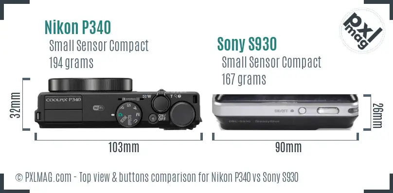 Nikon P340 vs Sony S930 top view buttons comparison Nikon P340 vs Sony S930 top view buttons comparison
