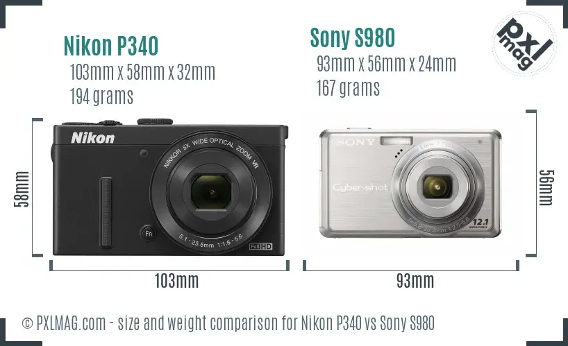 Nikon P340 vs Sony S980 size comparison